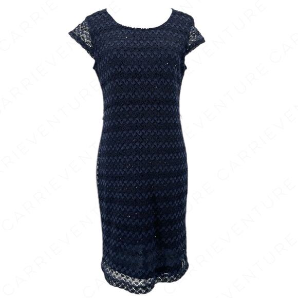 Sharagano Dress Deep Navy Blue Lace Overlay Sequin Shimmer Chevron Pattern Sz 6 - Picture 1 of 7